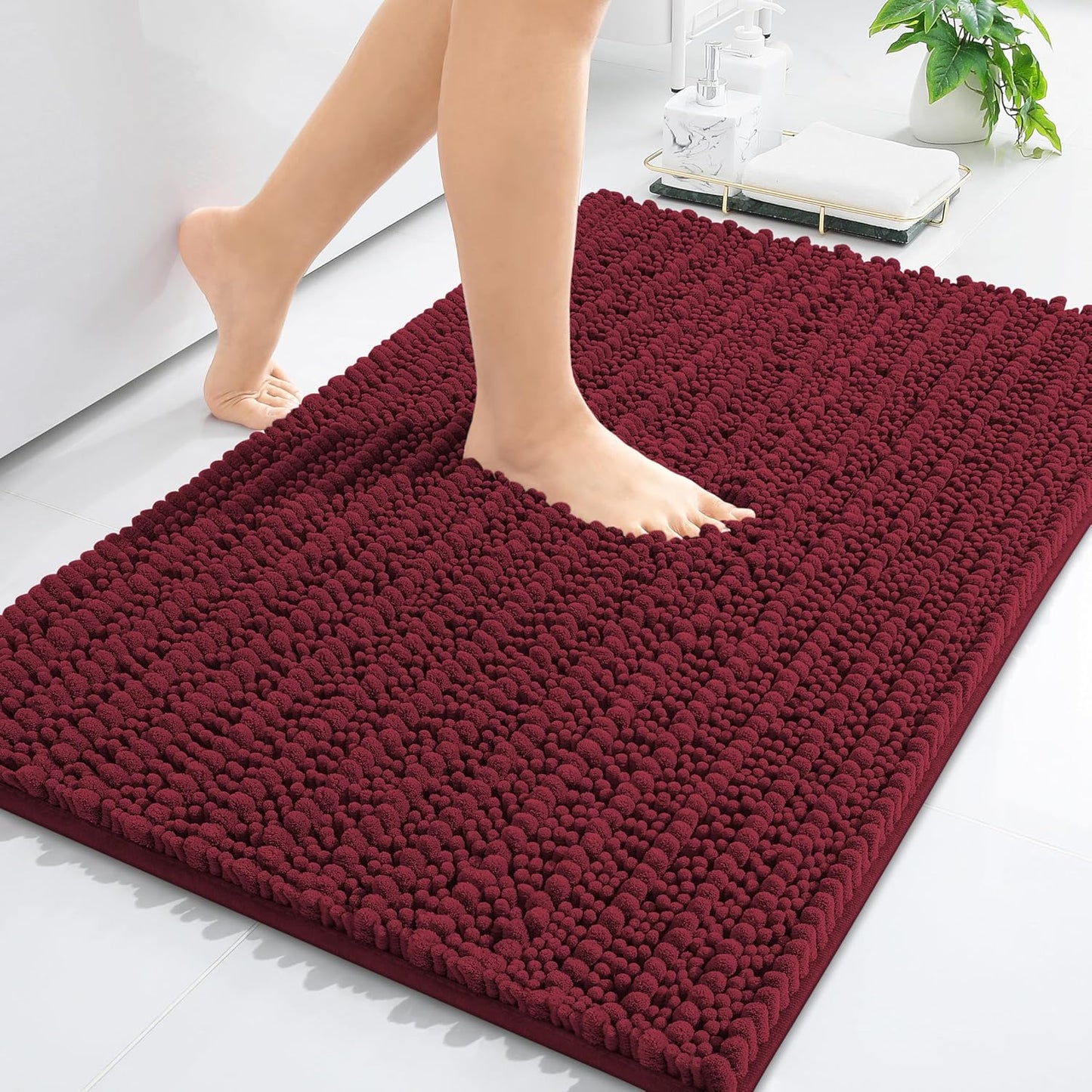 Arotive Luxury Chenille Bathroom Rug Mat, Extra Soft Thick Absorbent Shaggy Bath Rugs, Non-Slip Machine Wash Dry, Plush Bath Mats for Bathroom, Shower and Tub, 34x21, Burgundy