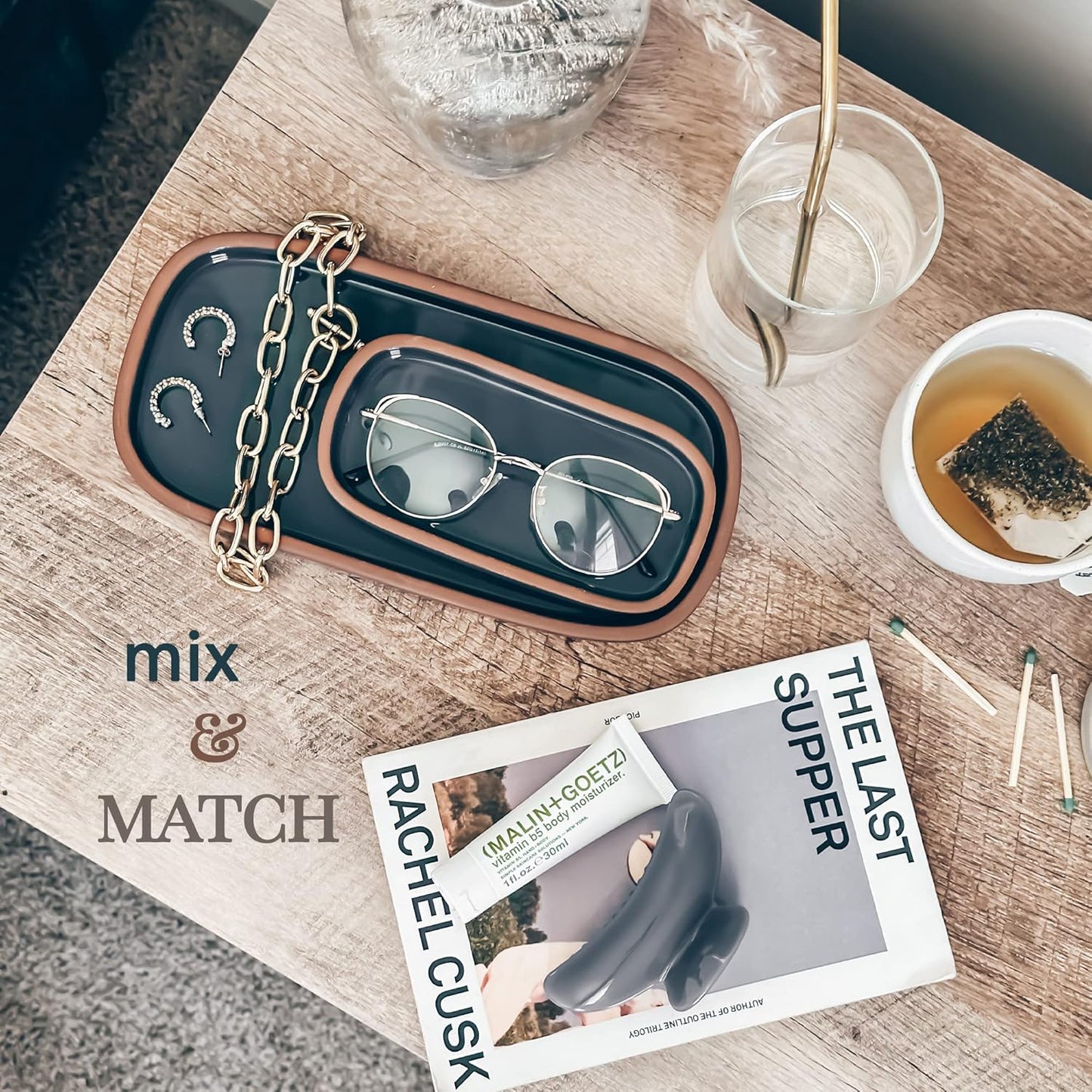 Mora Ceramic Decorative Tray - Rectangle 10in Dish for Jewelry, Soap Dispenser, Perfume, Makeup, Accessories, Candle, in The Bathroom Vanity, Bedside, or Kitchen Counter. Cute Organizers - Black