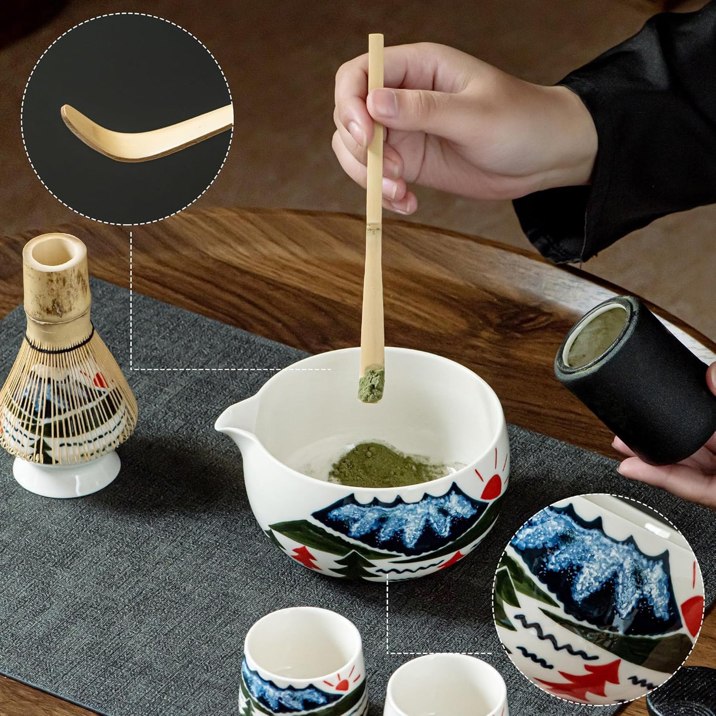 Fuji Mountain Matcha Bowl Set – 6-Pcs Hand-Painted Scenic Japanese Tea Ceremony Kit | Matcha Bowl with Spout, 2 Cups, Bamboo Whisk, Scoop & Whisk Holder | Gift for Tea Ceremony Lovers