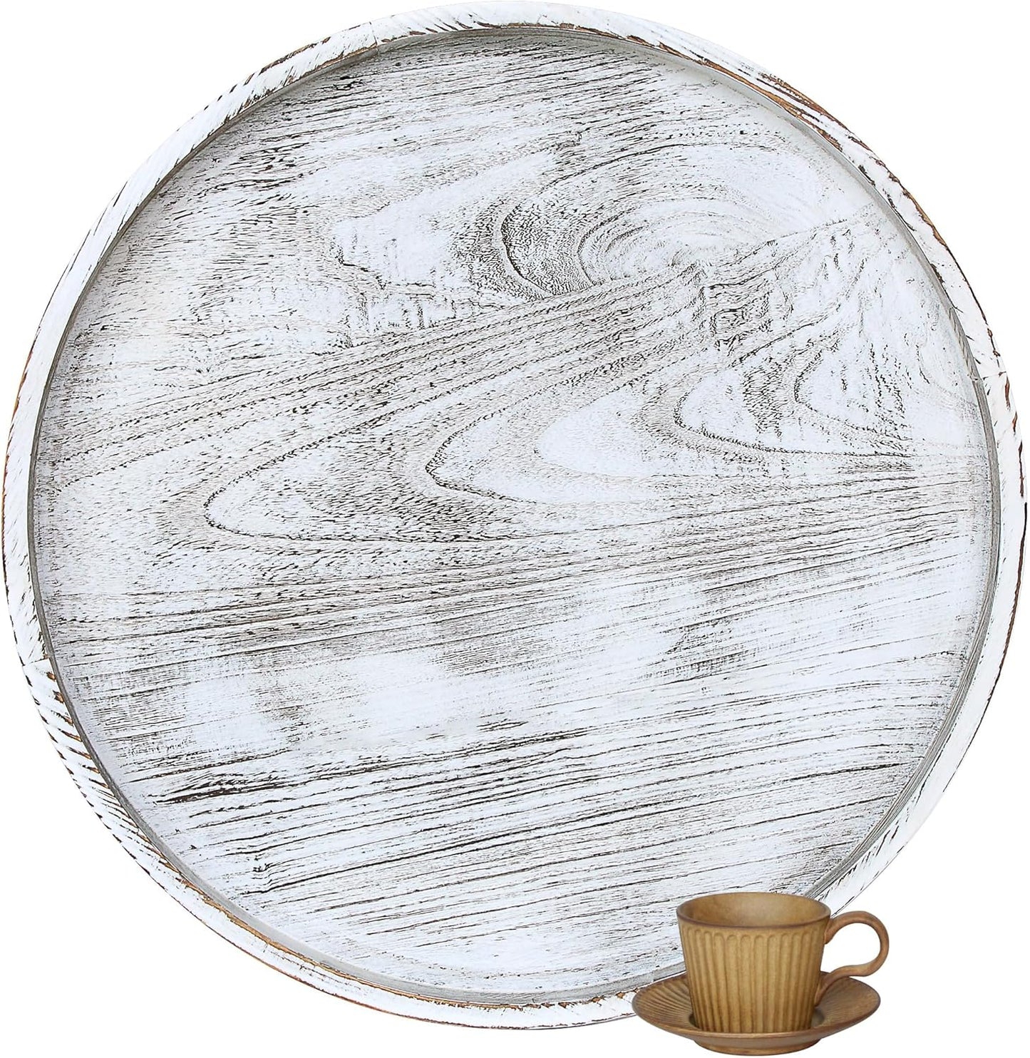Extra Large Round Ottoman Table Tray Round-24 - Rustic Wooden Serving Tray for Farmhouse Decorative Oversized Coffee Table Trays Living Room Kitchen Counter Breakfast Whitewash