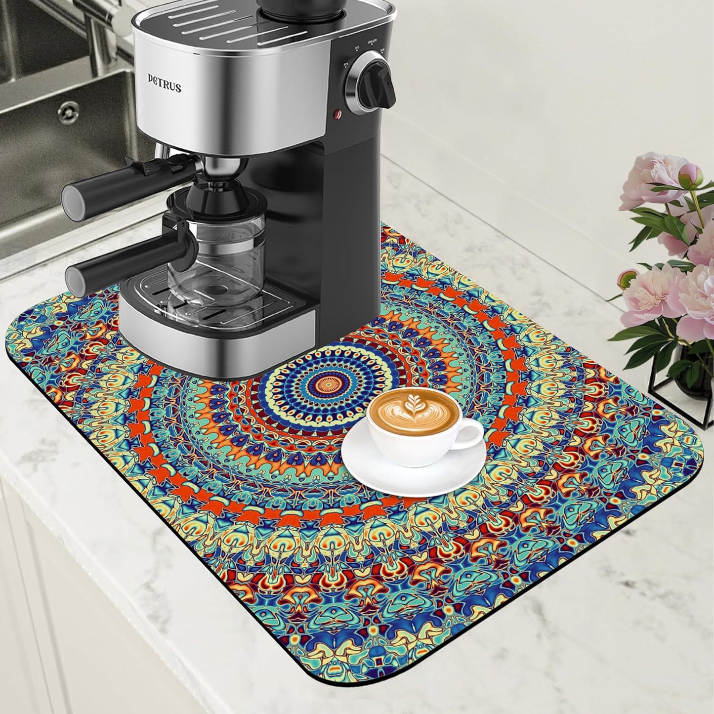 Boho Mandala Ethnic Coffee Mat Absorbent Dish Drying Mat for Kitchen Counter Hide Stain Rubber Backed Coffee Bar Accessories Fit Under Espresso Machine Dish Drainer 11.8 x 19.7 Inch