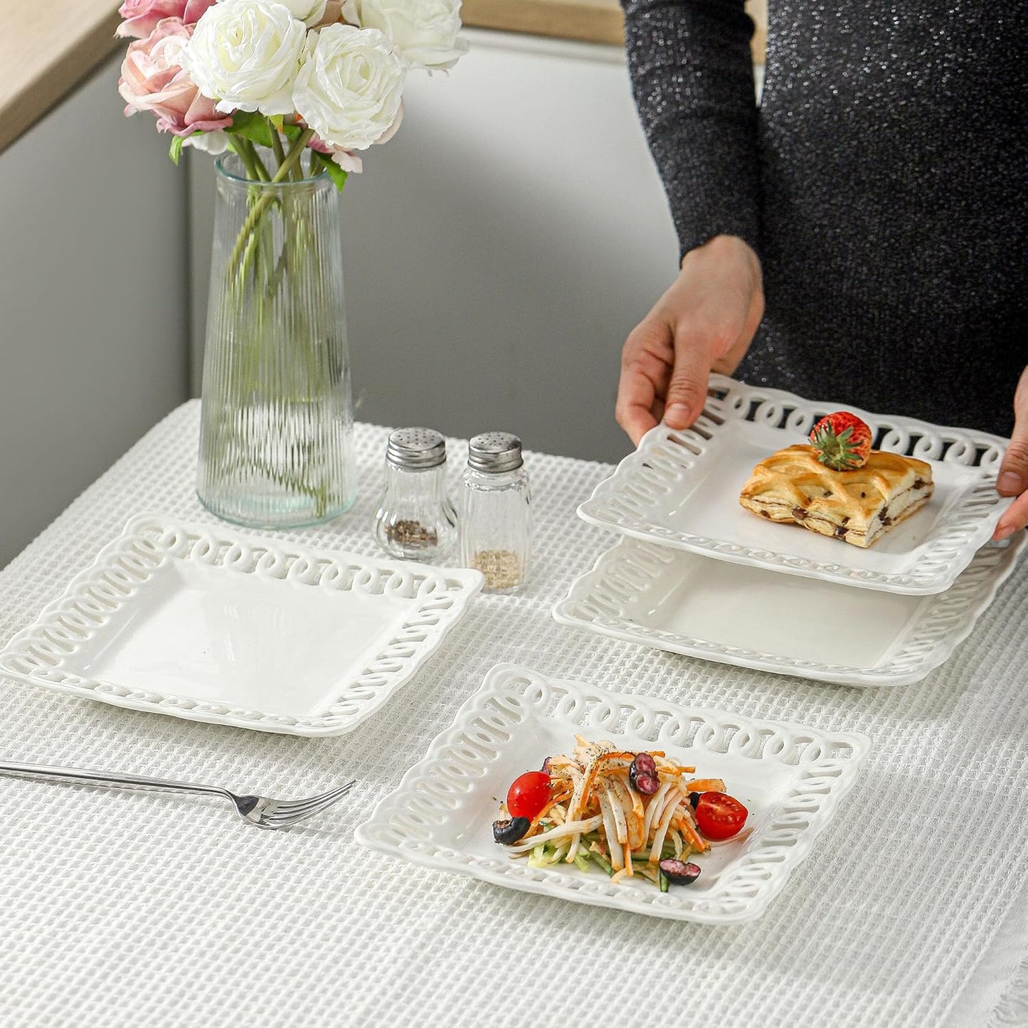 Square Appetizer Plate, Set of 4, 8 inch Ceramic White Dinner Plates with Lace Rim, Small for Cake Snacks Dessert Steak Bread Butter Canape Luncheon Side Dish at Home Hotel and Restaruant, Stackable