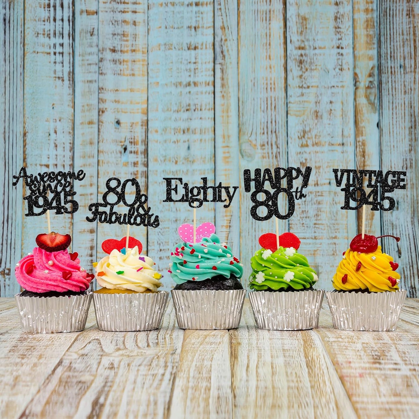 Gyufise 30 Pack Vintage 1945 Cupcake Toppers Glitter Cheers to 80 Fabulous Eighty Cupcake Picks 80th Birthday Wedding Anniversary Party Cake Decorations Supplies Black