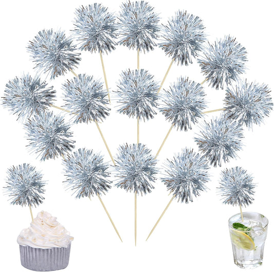 Ephlyn 30Pcs Foil Firework Cupcake Toppers Sparkle Tinsel Cupcake Picks Happy Birthday Cake Toppers Drink Stirrers Cocktail Food Fruit Toothpicks for Baby Shower Birthday Party Supplies Silver
