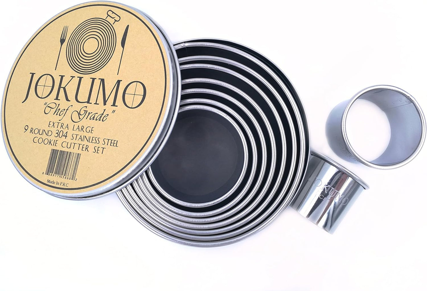 9 Piece Extra Large Chef Grade Plain Round Pastry/Cookie Cutter Set - Extra Thick Premium 18/8 304 Stainless Steel - Marked Size for Professional Chefs and Ambitious Home Cooks