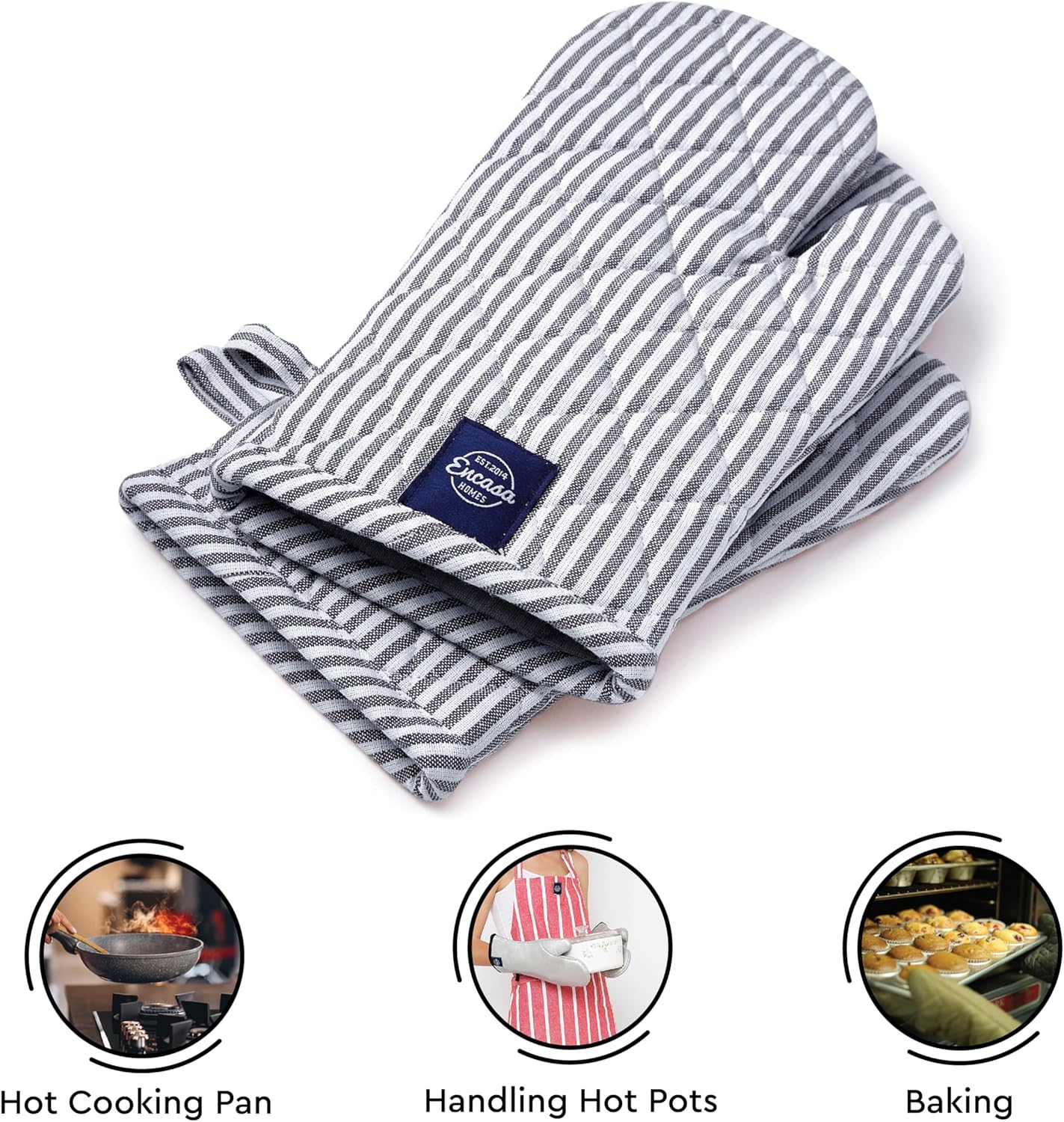 Encasa Homes Long 12"x7" Oven Microwave Hand Gloves Mitts (2 pc Set) for Kitchen Cooking & Baking - Heat Resistant, Thick & Safe, Protection of Hands from Hot Utensils - Ticking Navy Blue