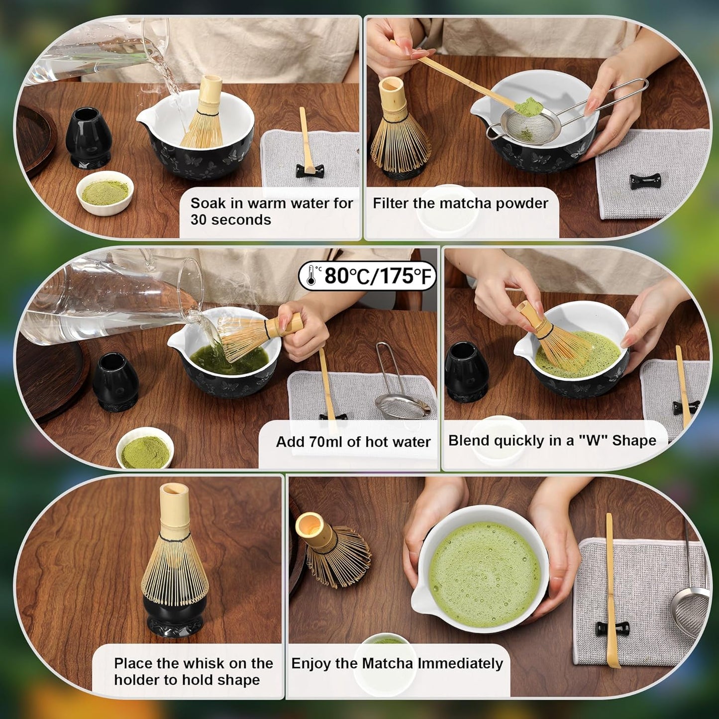 Matcha Whisk 7 PCS Matcha Whisk Set Ceramic Matcha Kit for Ceremony (Matcha Bowl, Bamboo Whisk and Holder), Matcha Tea Set for Making Breakfast/Latte Japanese Tea Tools for Ceremony Gift Black