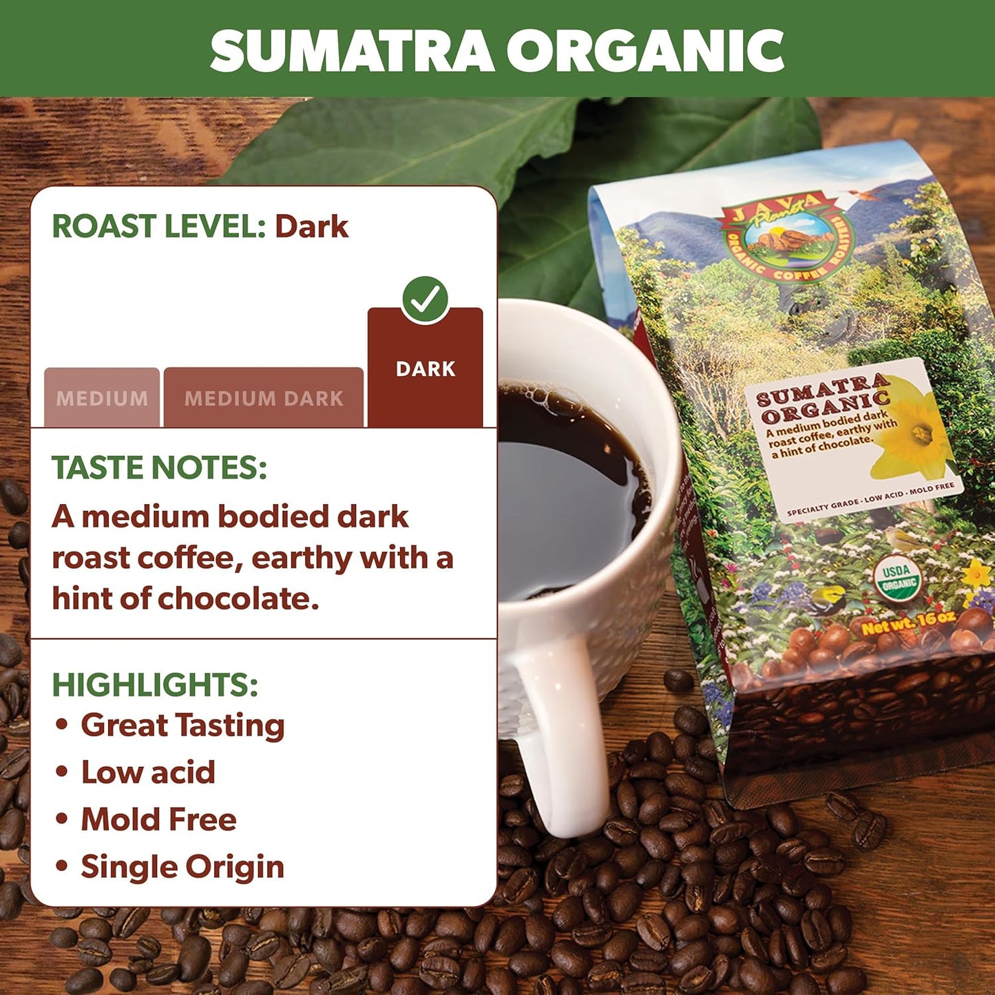 Low Acid Organic Coffee – Whole Bean, Mold-Free & Stomach Friendly by Java Planet, Sumatran Single Origin Coffee, Dark Roast, Smooth Full Flavored, 2x1LB Bag