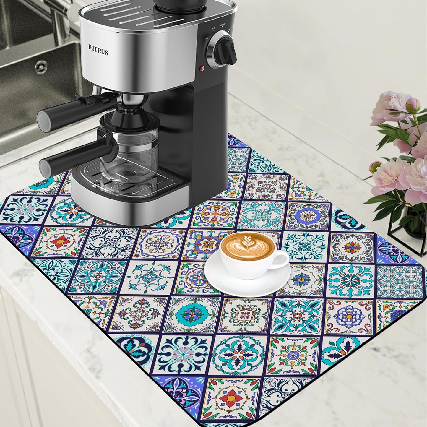 Colorful Tiles Dish Drying Mat for Kitchen Counter Hide Stain Absorbent Coffee Bar Mat Non-Slip Rubber Backed Drying Rack Pad Coffee Pot Espresso Machine Table Accessories 15.7 x 23.6 Inch