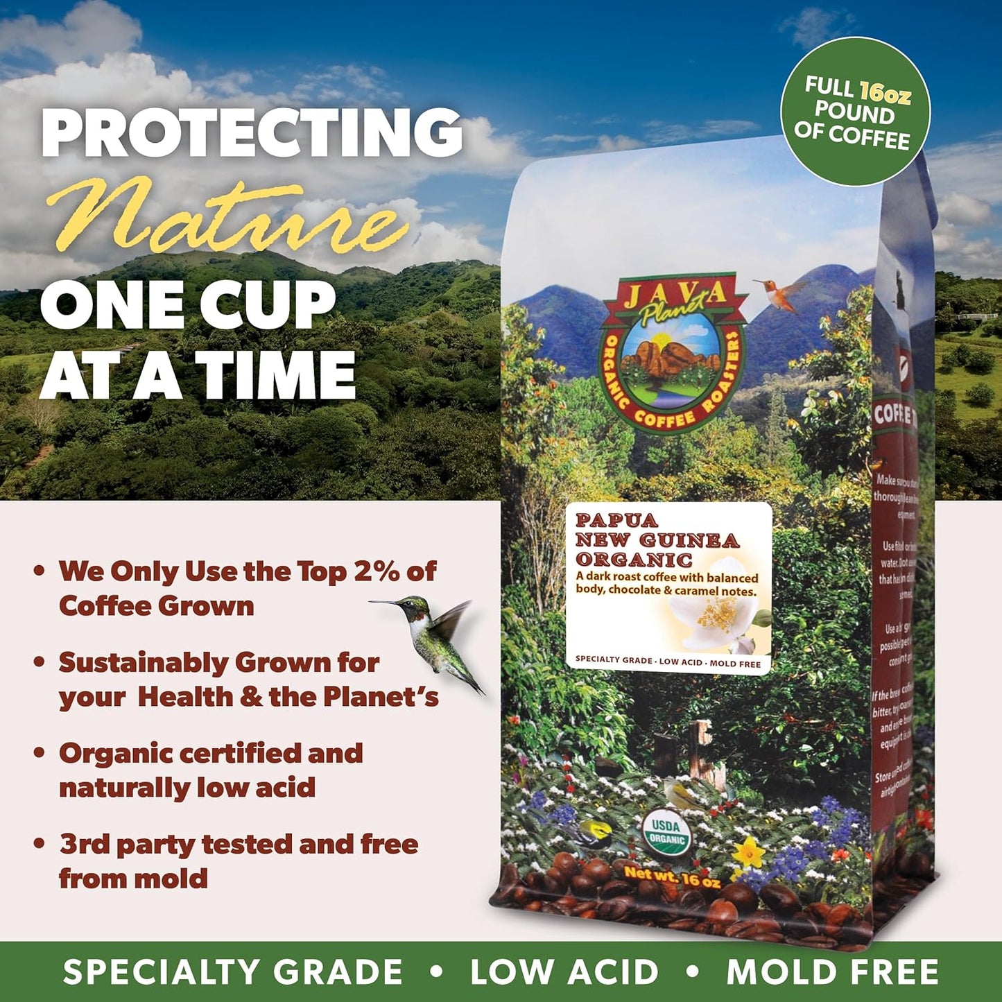 Low Acid Organic Coffee – Whole Bean, Mold-Free & Stomach Friendly by Java Planet, Papua New Guinea Single Origin Coffee, Dark Roast, Smooth Full Flavored, 5LB Bag