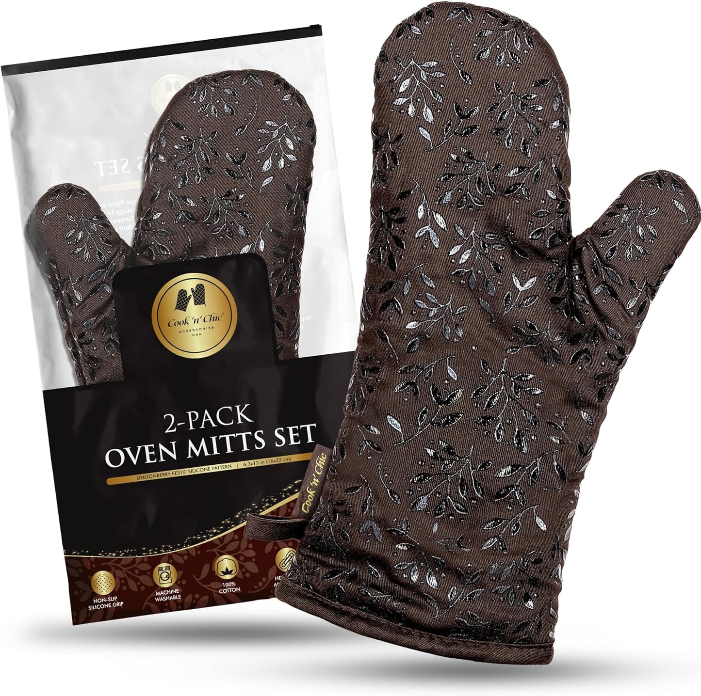 Premium Heat-Resistant Oven Mitts - Stylish and Beautiful - Non-Slip Platinum Silicone Grip - Long and Thick - 100% Natural Cotton Exterior and Soft Terry Cloth Lining - Set of 2 by Cook'n'Chic