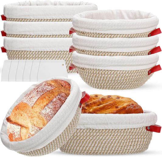 Gejoy 6 Set Cotton Rope Banneton Bread Proofing Basket with Cloth Liner and Plastic Scraper Banneton Dough Sourdough Proofing Bowls Kit for Home Sourdough Bakers (Round, Oval, 9'', 10'')