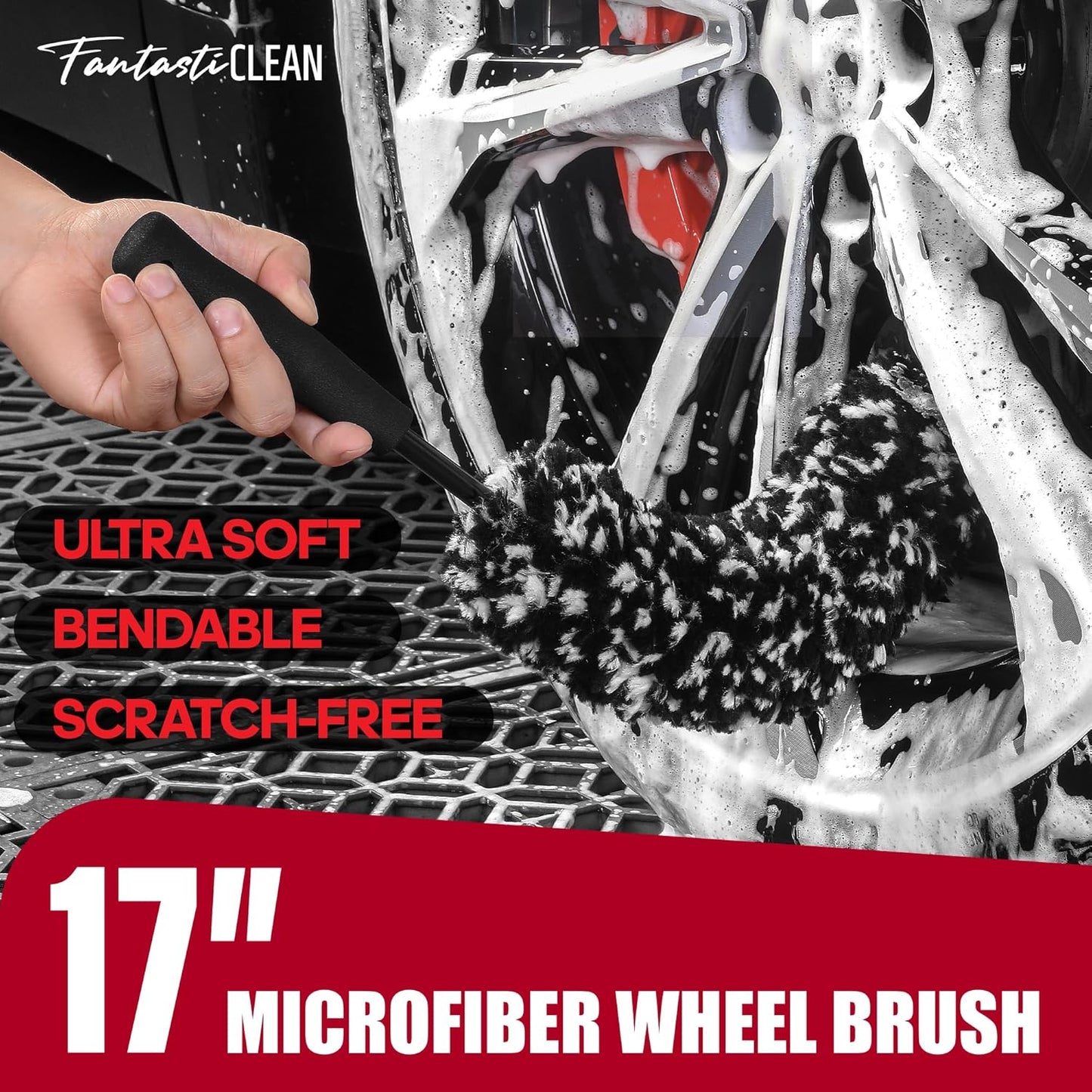 Fantasticlean 7PCS Car Wheel Brush Kit, Tire Brush, Soft-bristled Rim Brush, Scratch-Free Chenille Tape, Microfiber Bendable Brush, Curved Detailing Brush with Elbow Connector, Detailing Pads
