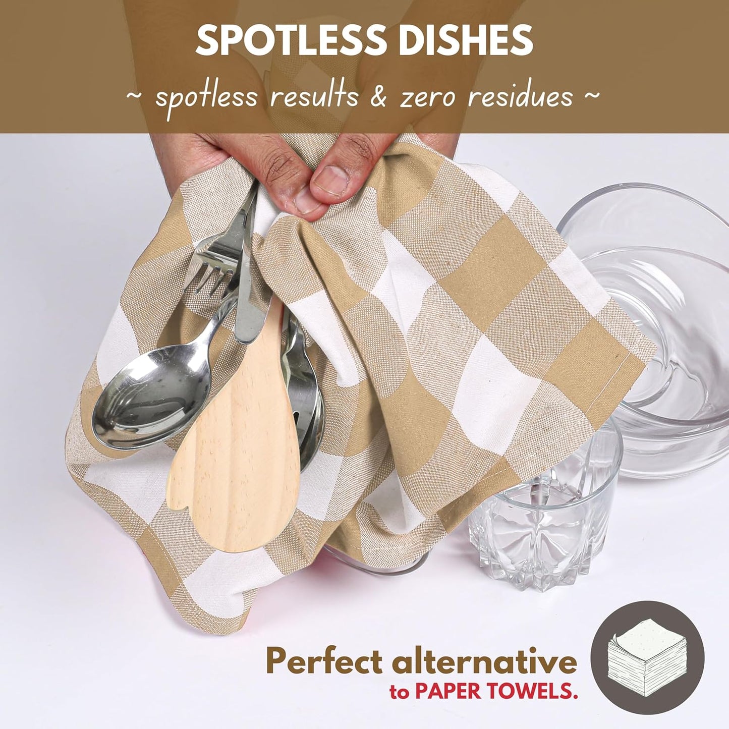 Native Fab 12 Pack Buffalo Check Kitchen Towel 16"x26" - Cotton Dish Towels Washable - Absorbent Tea Towels, Soft Hand Towel with Hanging Loop, Dish Cloth Set - Beige White