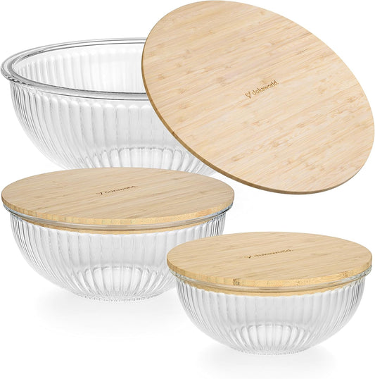Stackable Space-Saving Nesting Set of 3 Glass Bowls with Bamboo Lids for Foodprep, Storage, Mixing & Cooking - Microwave & Oven Safe BPA Free Durable Heat Resistant Inert Borosilicate Glass