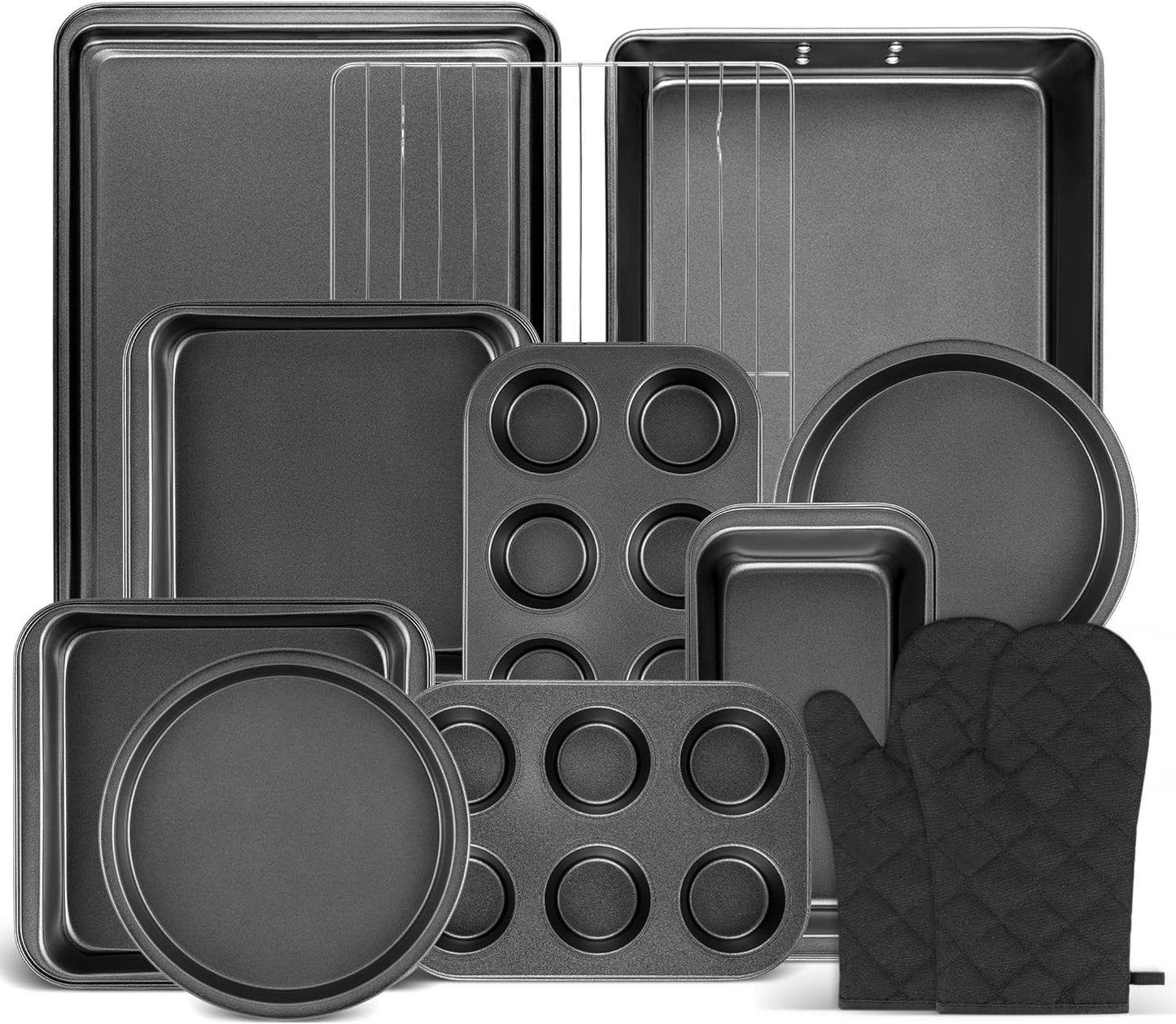 12PCS Nonstick Baking Pans Set - Stackable Bakeware Sets with Wider Grip, Carbon Steel Baking Set Including Cookie Sheets for Baking, Muffin Pan, Loaf Pan, Cake pan, Roasting Pan, Oven Mitts