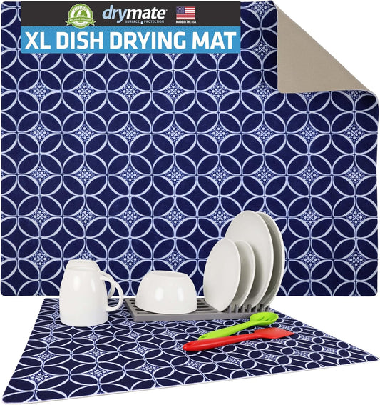 Drymate XL Dish Drying Mat, Oversized (19”x24”), Low-Profile, Super Absorbent, Quick Dry Fabric, Waterproof & Slip-Resistant, for Kitchen Counter, Trimmable, Easy to Clean (USA Made)(Indigo)