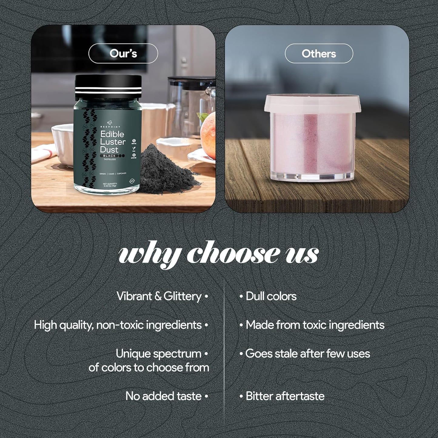 BeePoint Black Edible Luster Dust 15g - Food Grade, Vibrant Color Shimmer Powdered Dust for Drinks, Cocktails, Cake Decorating, Baking, Chocolates, Candy, Sweets, & Cookies - Vegan & Gluten Free