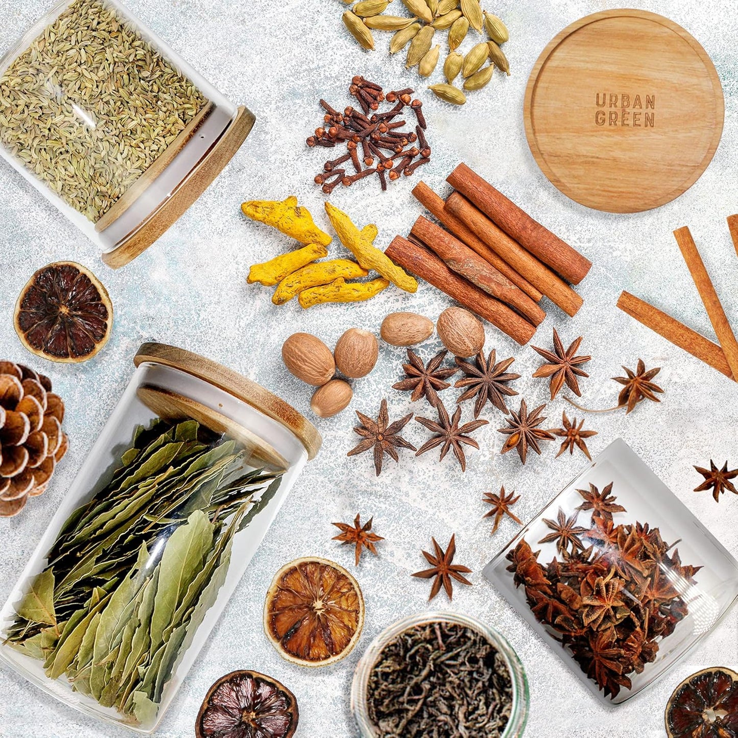 Urban Green Glass Jars with Airtight Lids, Airtight Canisters with Wood Lids, Glass Storage Containers with Bamboo Lid, Food Storage Containers Set (6 Pack of 27oz)