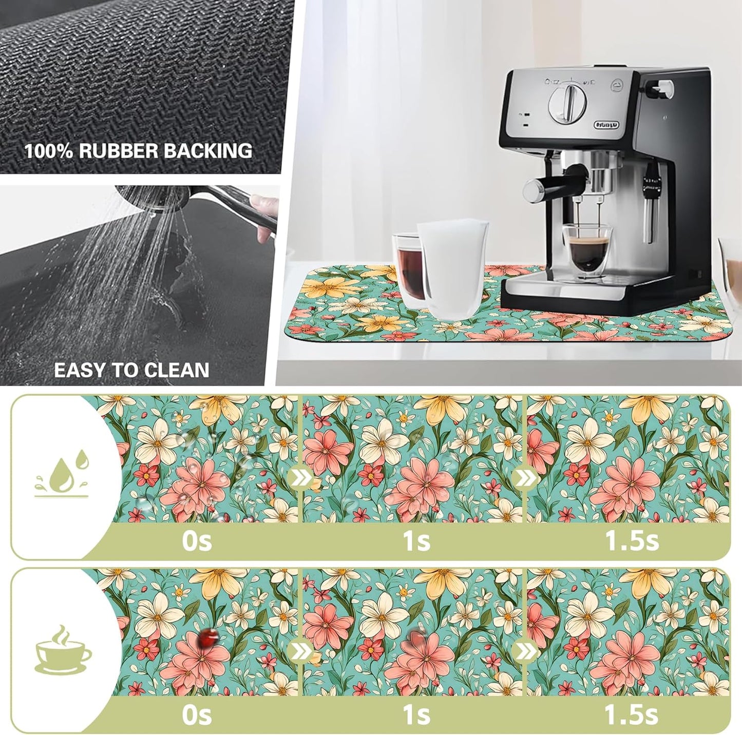 Dish Drying Mat Spring Flower Kitchen Mat 16"x24" Bsorbent Coffee Maker Mat for Dishes,Utensils Coffee Maker Pots and Pans Easy Clean Dish Slip Resistant Pad