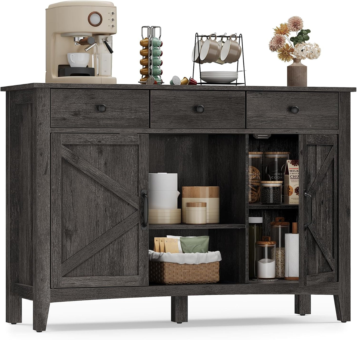 VASAGLE LIRY Collection - Buffet Cabinet, Coffee Bar Cabinet with 3 Drawers, Adjustable Shelves, Sideboard Storage with Cable Holes, Drawer Dividers, Antique Charcoal UBBK371B02V1