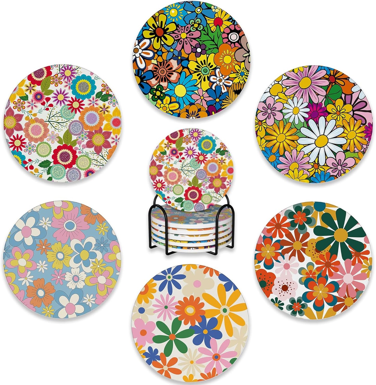 6 Pcs Coasters for Drinks with Holder,Retro Colorful Daisy Flowers 70s Hippie Floral Absorbent Coaster with Cork Backing,Great Gift for Housewarming,Room Decor,Bar,Holiday Party