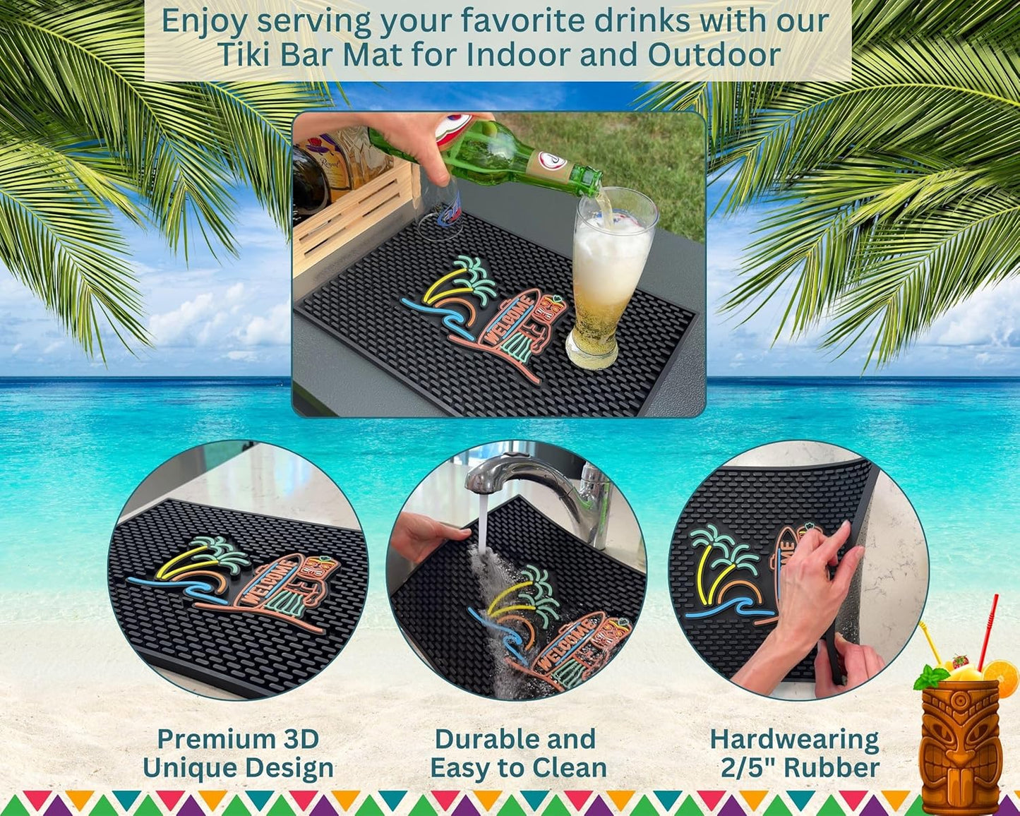 Tiki Bar Mats for Countertop 18 x 12 Tiki Bar Decor Mat Unique Tiki Man Warrior Design with Surfboard Welcome Greeting Tiki Decor, Outdoor Tiki Bar Sign and Luau Party Decorations