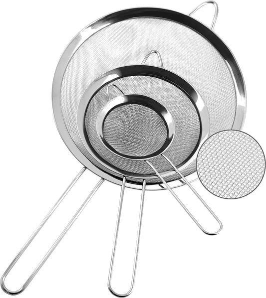 Anaeat Fine Mesh Strainers - Premium Stainless Steel Colander Sieve Sifters, with Durable Mesh and Sturdy Handle, Excellent for Sifting Dry ingredients, Flour, Pastas, Rice, Tea (3.15"+5.5"+7.87")
