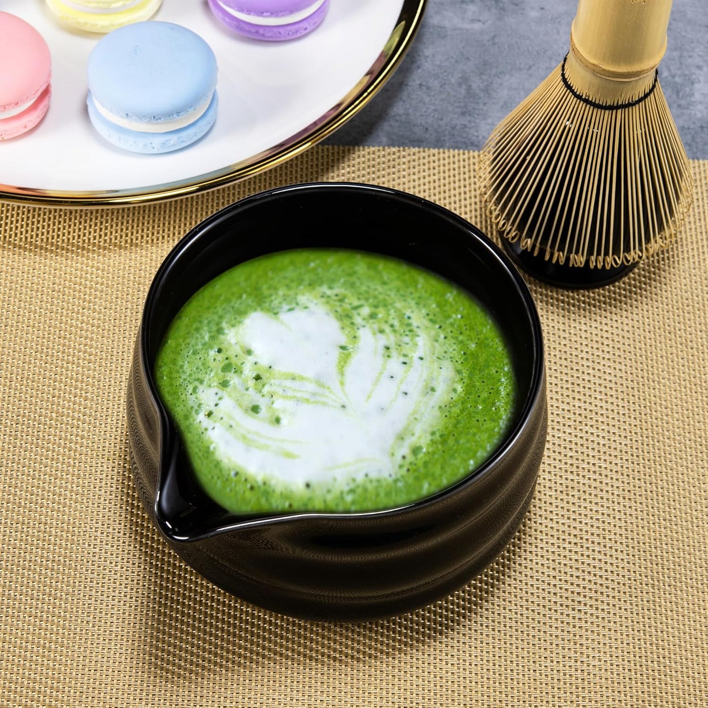 Marce Matcha Whisk Set- Matcha Set includes Matcha Whisk and Bowl (Bowl with Spout), Sifter, Holder and Scoop- The Perfect Bamboo Whisk for Matcha Tea (Black- 7PC)