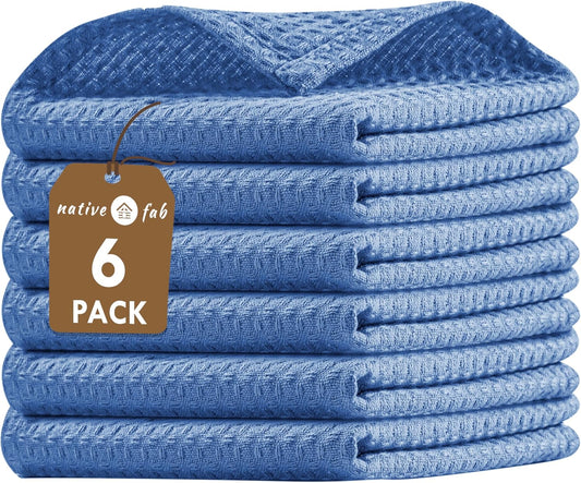 Native Fab 6 Pack Waffle Dish Cloths - 100% Cotton, Absorbent, Fast Dry & Soft Towels for Cleaning, Cooking & Drying Dishes - Perfect for Home, Restaurants, Cafes, Bar, 12x12 inch- Sky Blue