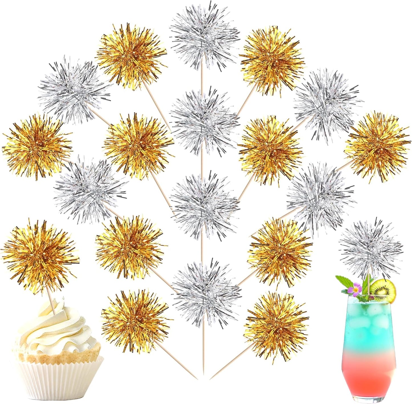 40 PCS Foil Firework Cupcake Toppers Sparkle Tinsel Cupcakae Picks Foil Firework Party Decorations Cocktail Fruit Toothpick for Fireworks Theme Birthday Wedding Graduation Party Decoration Gold Silver