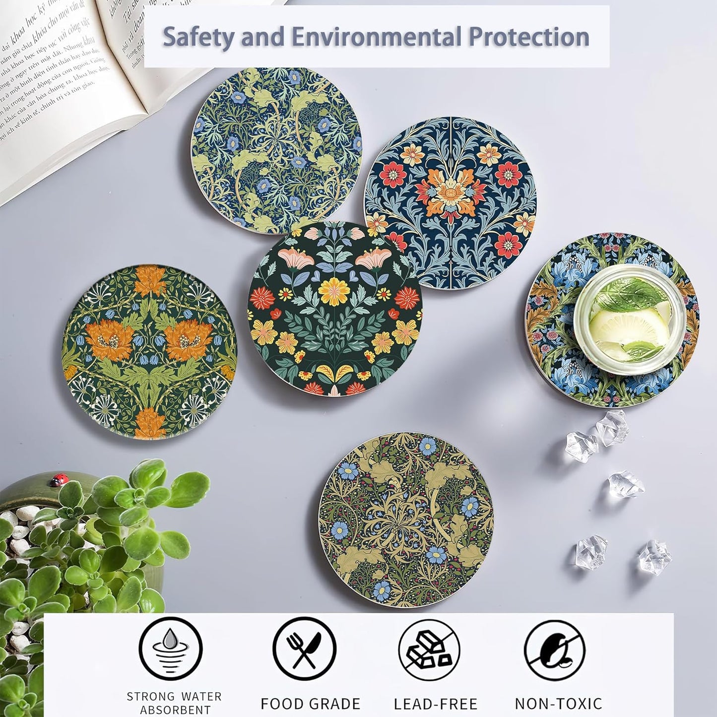 Coaster for Drinks Set of 6, Vintage Flower Absorbing Round Ceramic Stone Coaster with Cork Base,Tabletop Protection Mat for Mugs and Cups,Coffee Table Wine Glass Home Bar 4 Inch