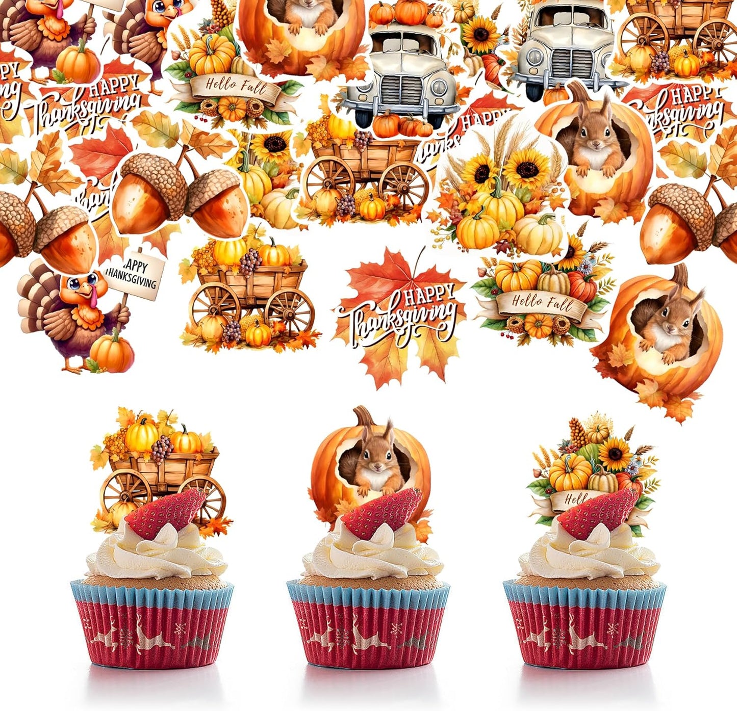 40 PCS Edible Wafer Paper Turkey Pumpkin Fall Theme Cake Picks Autumn Decorations for Thanksgiving Party