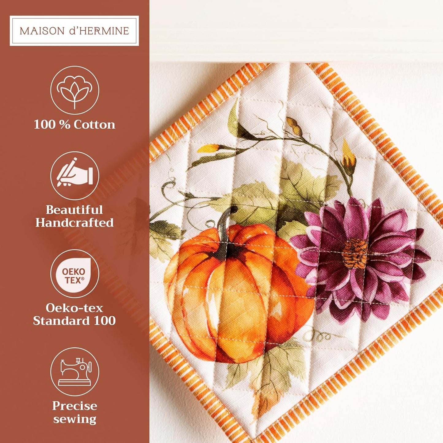 Maison d' Hermine Pot Holders set 100% Cotton Heat Resistant Potholders 8" x 8" Hot Pads with Loop BBQ, Cooking, Baking, Grilling, Kitchen, Handling Hot Pans (Pack of 2, Pumpkin Garden - Cloudy Cream)