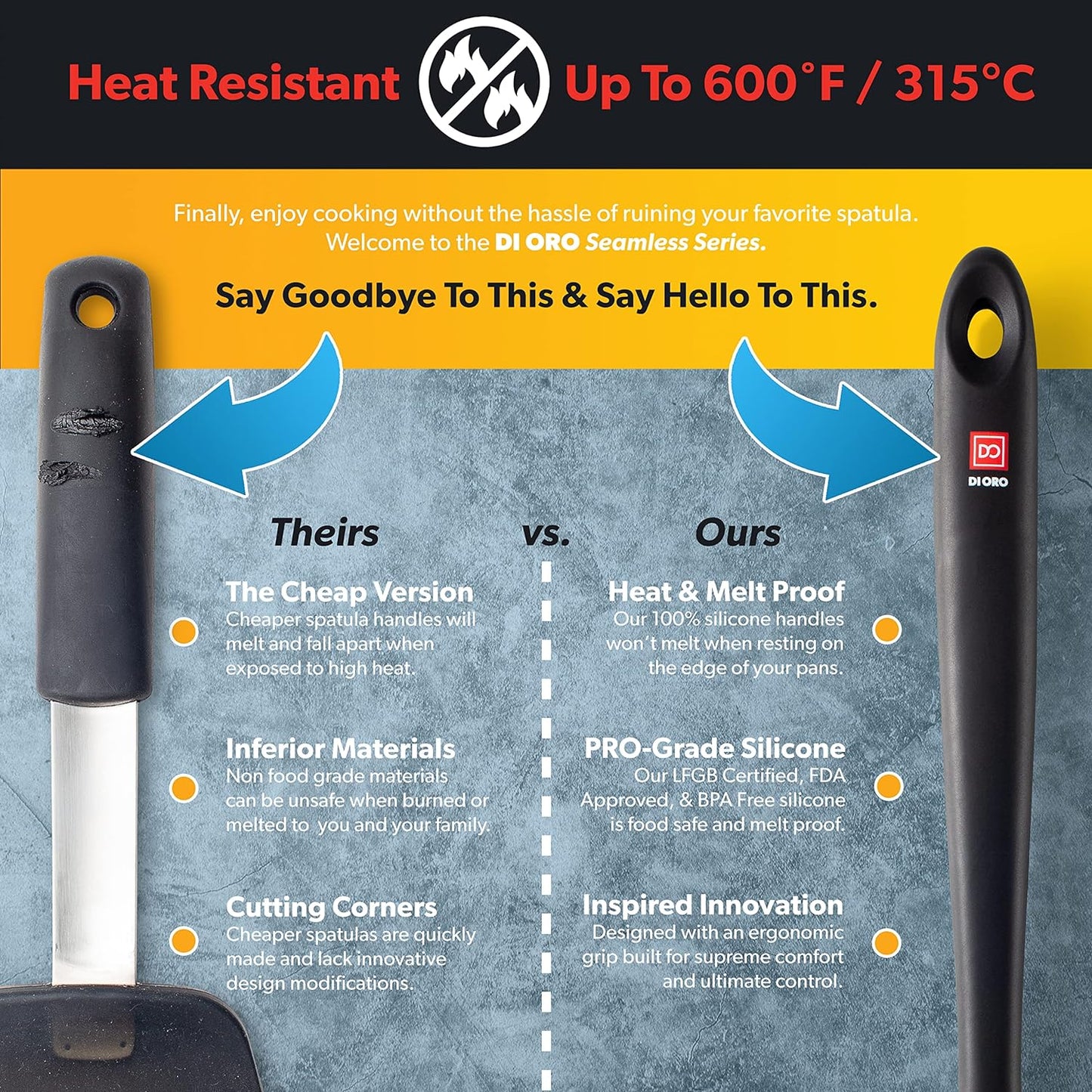 DI ORO Silicone Slotted Spoon - High Heat Silicone Spoon for Cooking & Serving - 600F Nonstick Safe - Dishwasher Safe (Black)