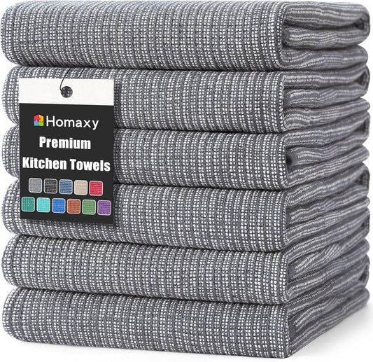 Homaxy Premium Kitchen Towels(18”x 28”, 6 Pack), Large Cotton Kitchen Hand Towels, Flat and Terry Dish Towels, 380 GSM Highly Absorbent Tea Towel Set with Hanging Loop, Grey