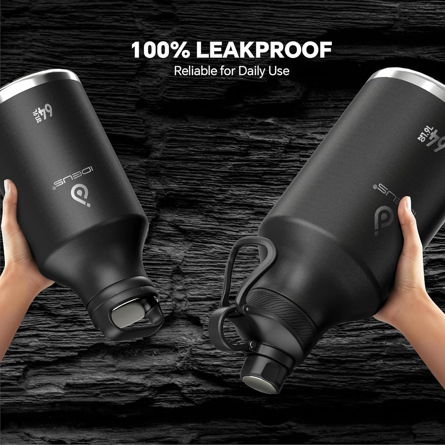 IDEUS Insulated Stainless Steel Water Bottle with 2 Leak-Proof Lids, Thermal Water Flask for Hiking Biking, 64oz, Black