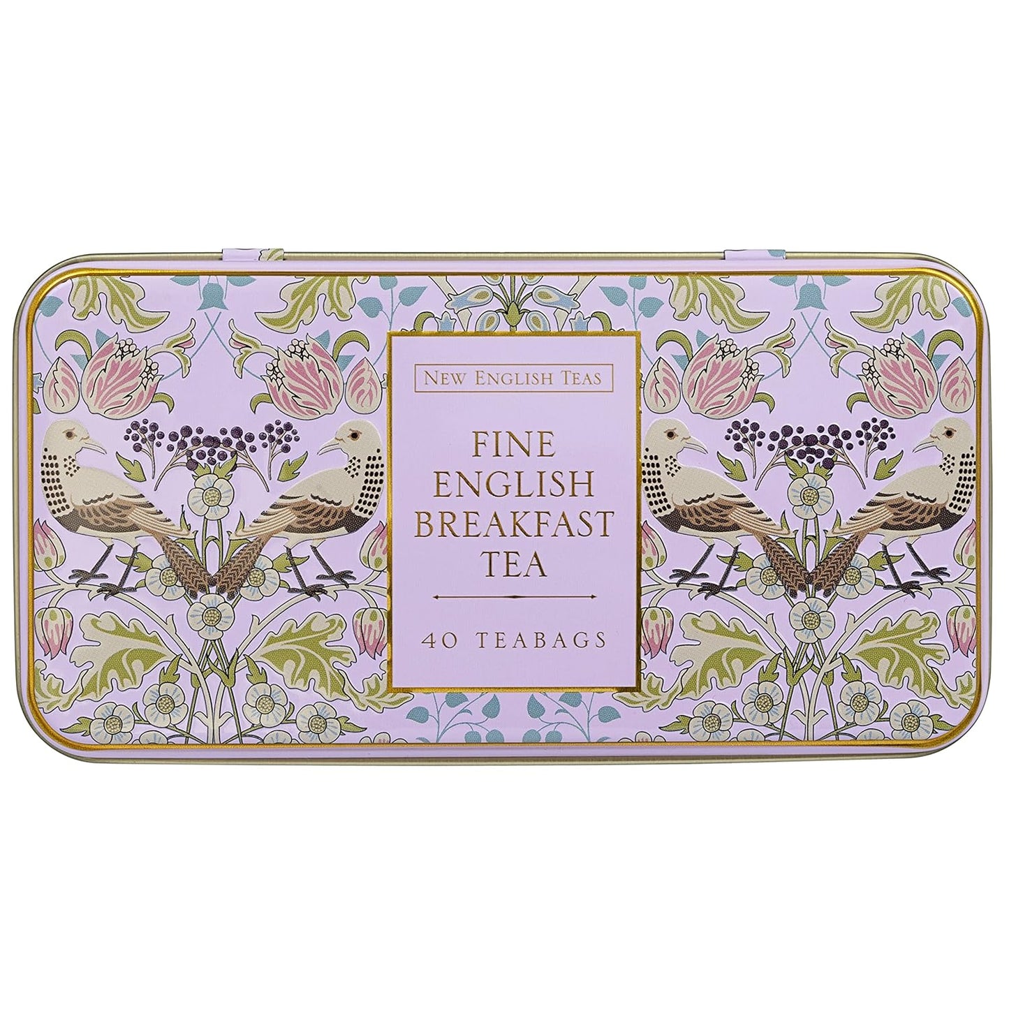 New English Teas Song Thrush and Berries Tea Tin in Pink with 40 English Breakfast Teabags