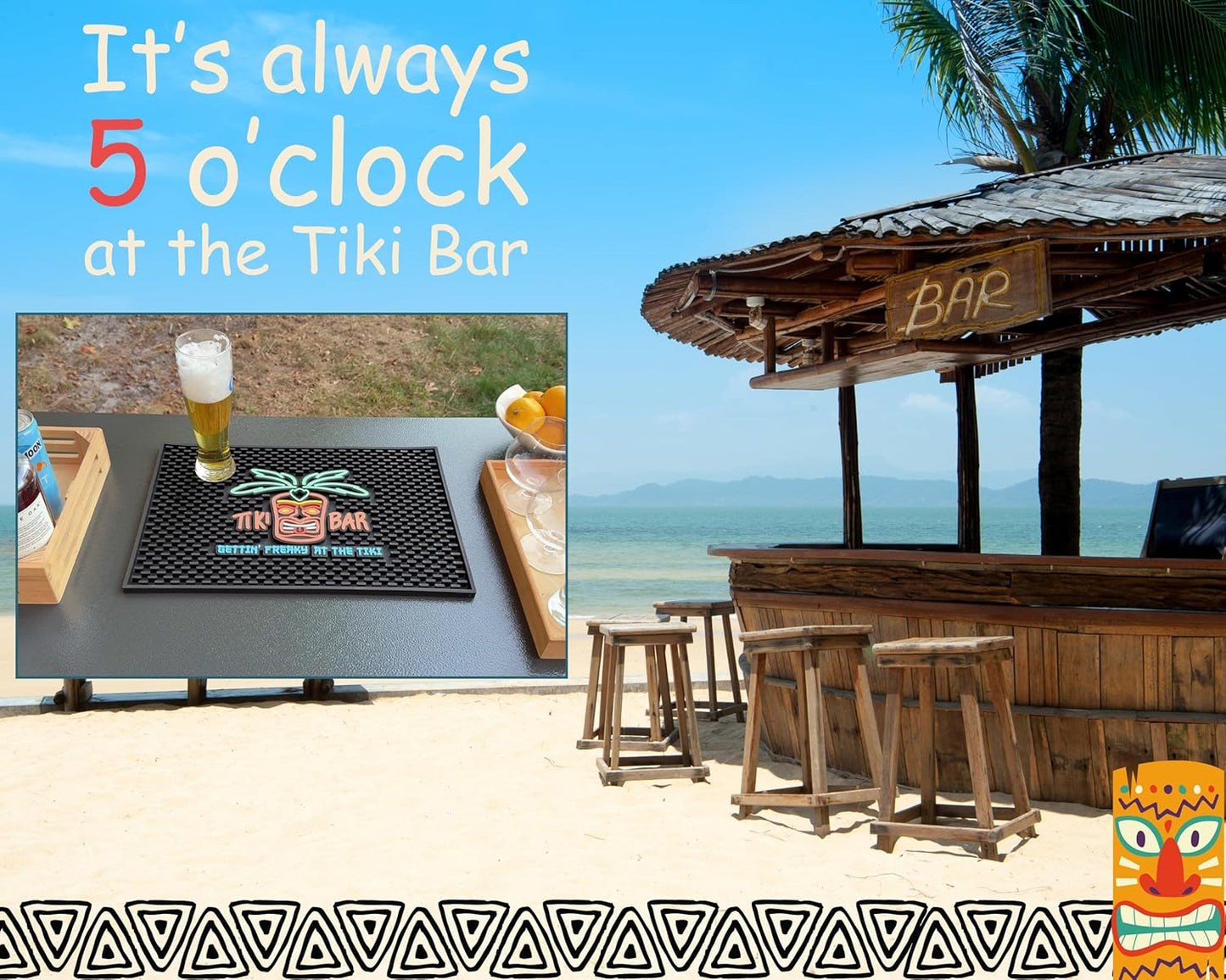 Tiki Bar Mat Warrior Head Mat Gettin Freaky at The Tiki 18x12 in Tiki Decor Hawaiian Decorations, Luau Party Decorations & Hawaiian Party Decorations Bar Mats for Countertop, Tiki Man Luau Decorations