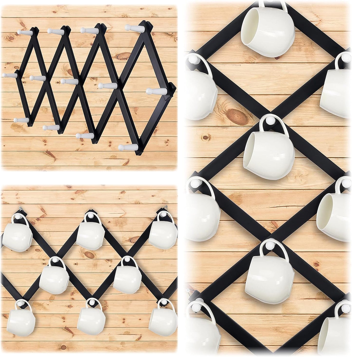 Dseap Accordian Wall Hanger: 16” High Wooden Wall Expandable Coat Rack, Hat Rack Holder, Accordion Hook for Baseball Caps, Coats, Mugs, 13 Peg Hooks, Black & White