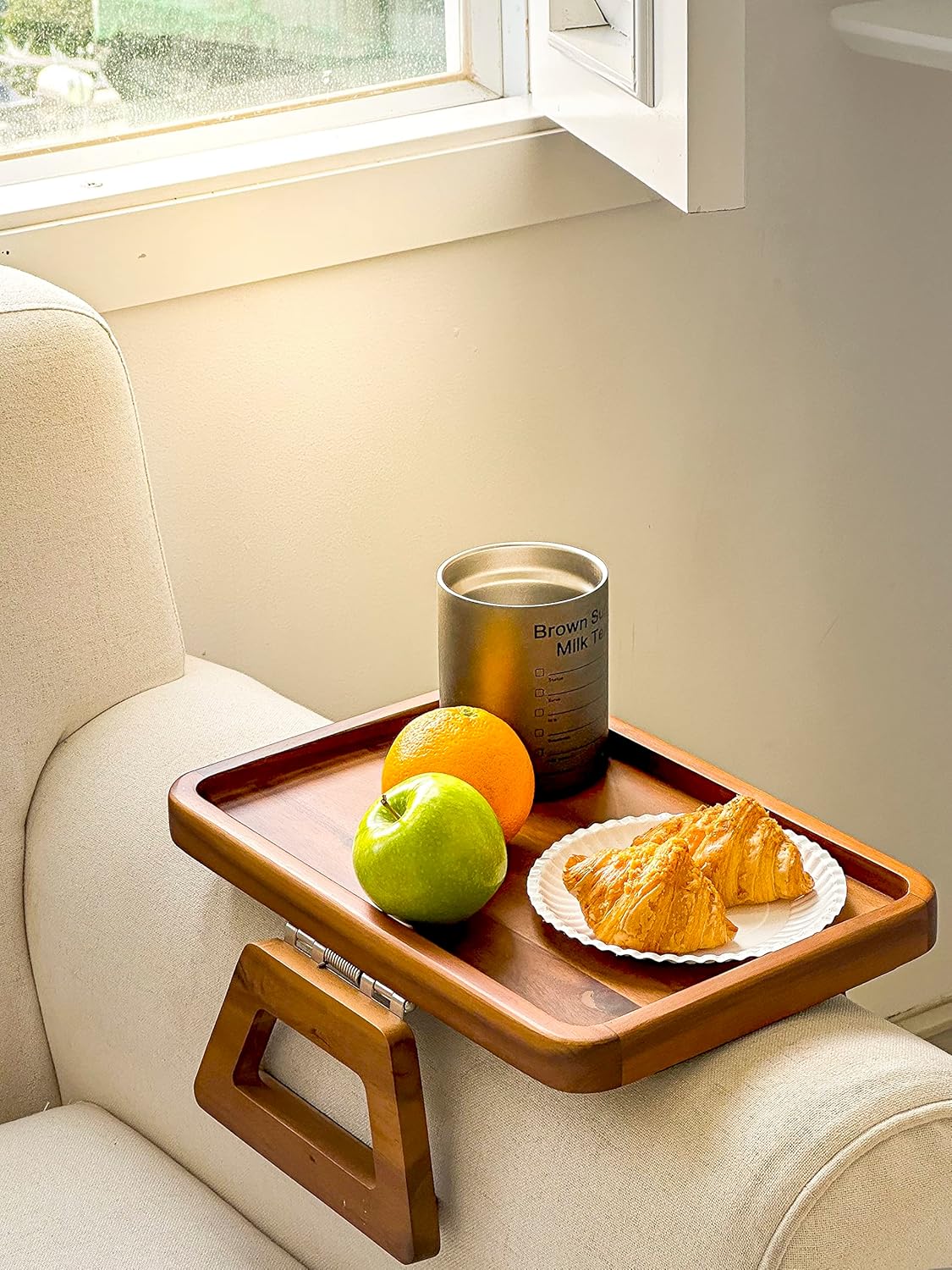 Tinamo Acacia Couch Arm Table - Wooden Sofa Armrest Tray - Clip-on Tray for Wide Couch - Side Table for Eating & Drink (Acacia)