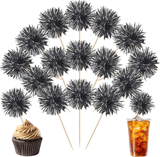 40 PCS Black Foil Firework Cupcake Toppers Sparkle Tinsel Cupcakae Picks Sparkler Fireworks Party Decorations Cocktail Fruit Toothpick for Birthday Wedding Graduation Party Decorations Supplies