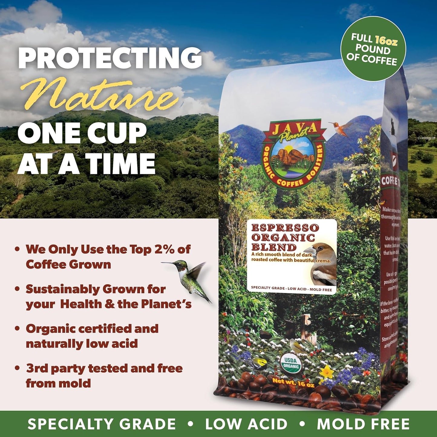 Low Acid Organic Coffee – Whole Bean, Mold-Free & Stomach Friendly by Java Planet, Espresso Blend Coffee, Dark Roast, Smooth Full Flavored, 1LB Bag