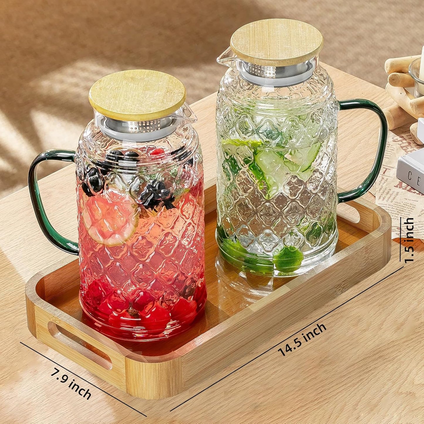 Glass Pitcher with Lid, 2 PACK 68 oz/2 Liter Vintage Water Pitcher With Serving Tray, Clear Borosilicate Glass Water Carafe for Cold Brew, Coffee, Lemonade, Iced Sun Tea,Beverage, Heat Resistant