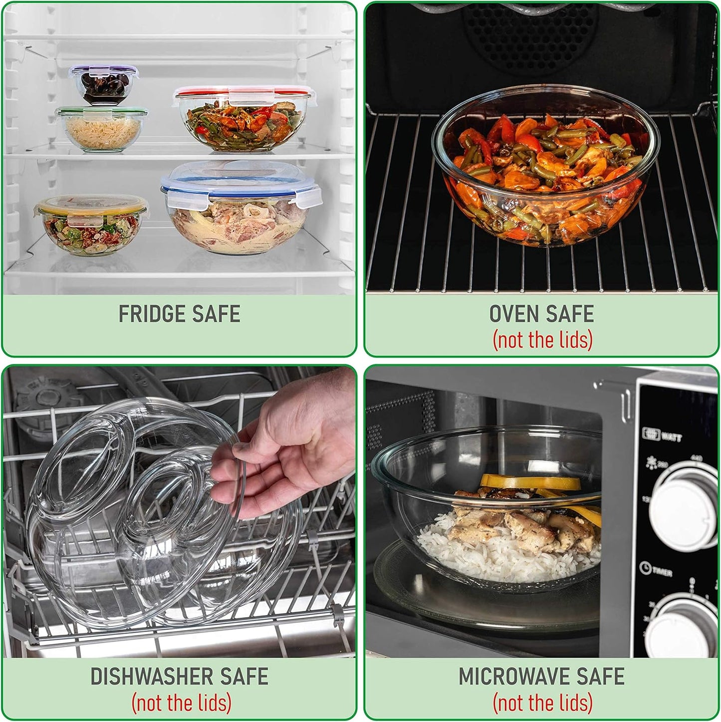 Set of 5 Stackable Space-Saving Nesting Glass Bowls with BPA Free Lids for Foodprep, Storage, Baking, Mixing & Cooking, Microwave Safe - Durable Inert Borosilicate Glass