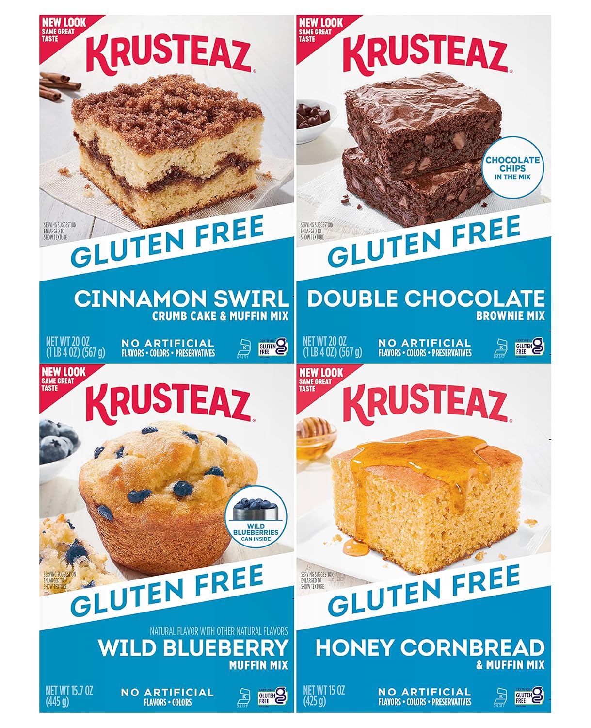 Krusteaz Gluten Free Baking Mix Variety Pack, 1 Cinnamon Swirl Cake Mix, 1 Double Chocolate Brownie Mix, 1 Wild Blueberry Muffin Mix, 1 Honey Cornbread Mix, (4 CT)