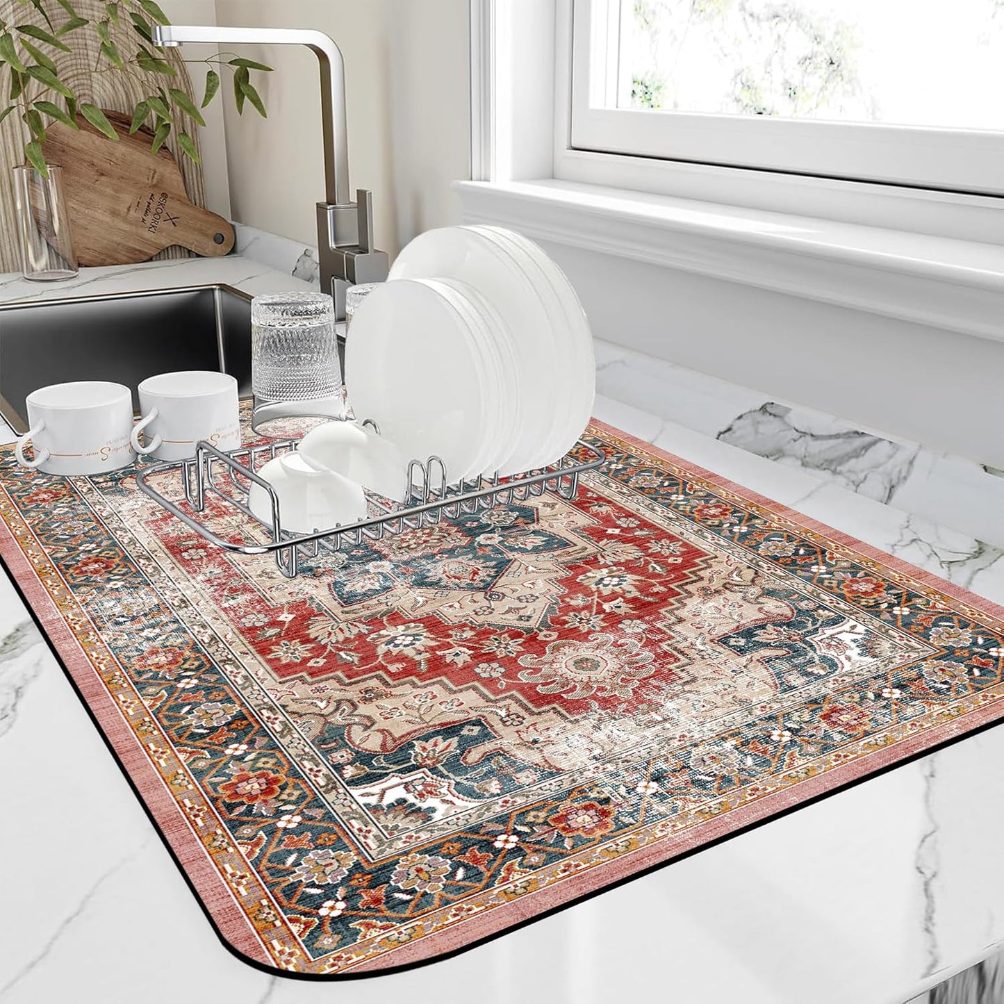 Dish Drying Mat Persian Style Textile Rug Texture Dish Drying Pad,16"X24"Bsorbent Coffee Mat for Sink Dishes or Under Rack Kitchen Counter Accessories Absorbent Hide Stain Drying Mat