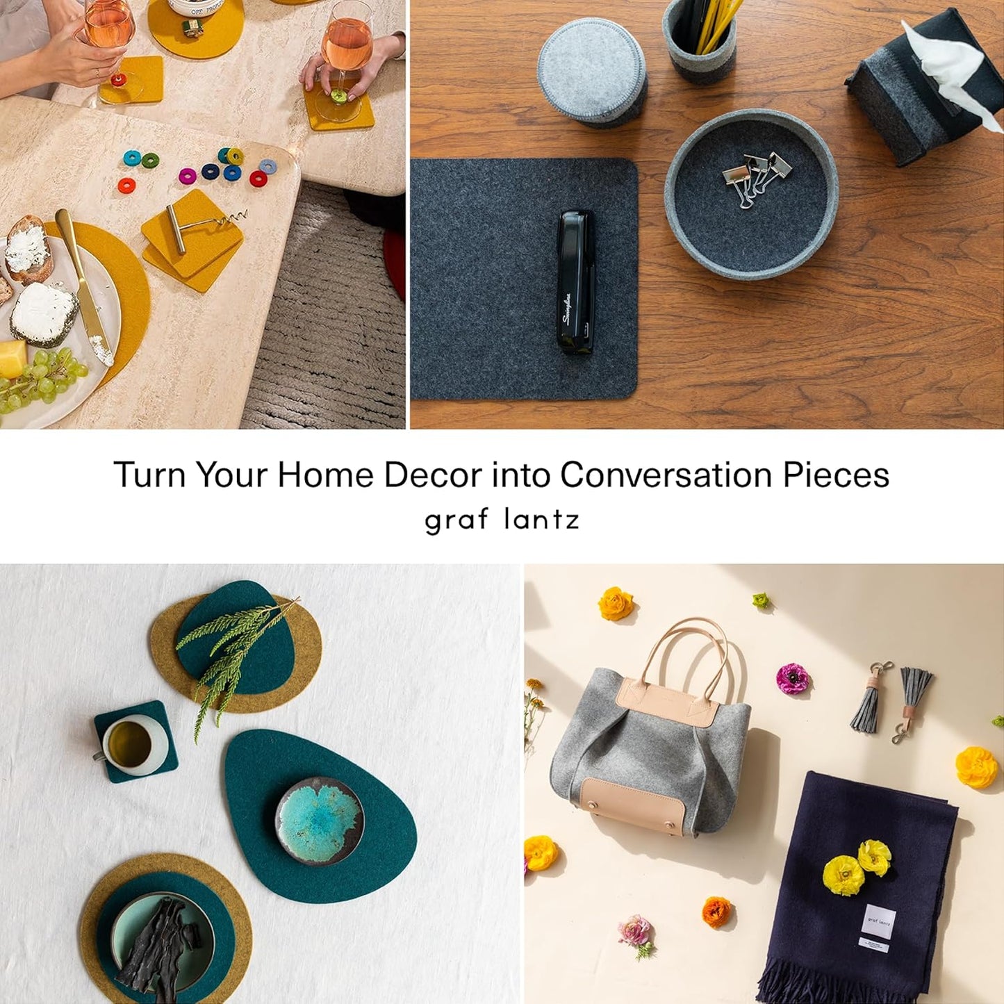 Graf Lantz - Bierfilzl Merino Wool Square Coasters Set of 4 - Jewel (4"x4"x5mm) - Absorbs 30% of Weight - Natural German Wool - Heat Resistant, Sustainable, Reusable - Home Decor, Coffee Table Decor