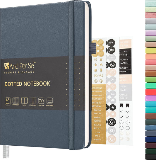 &And Per Se Dotted Journal Notebook, A5 Hardcover Bullet Dotted Journal, 160 Pages 100 gsm Thick Dotted Paper, 3 Sheets of Stickers Included - 5.7'' x 8''（Dark Blue）
