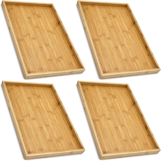 Bam & Boo (4-Pack) Natural Bamboo Rectangle Serving & Vanity Tray - for Kitchen, Bathroom, Countertop, Coffee Table (17.75" x 11.8" x 1.2")